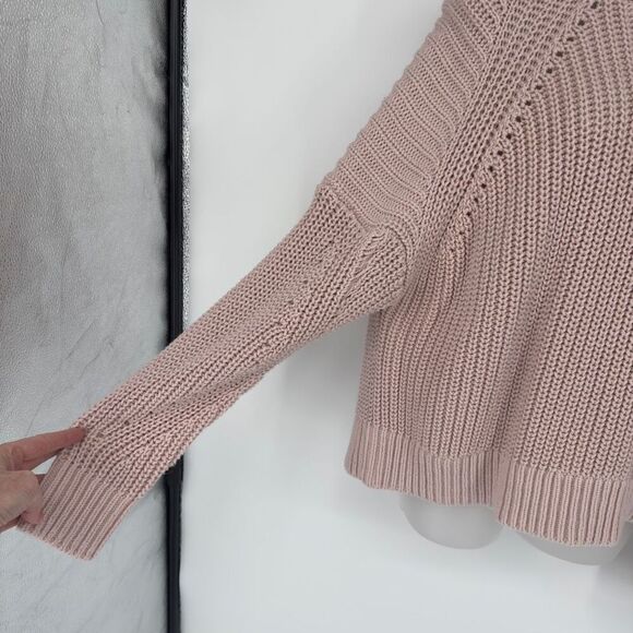 Express Pink Chunky Knit Fisherman Sweater Large Balloon Sleeve Ribbed Boho Cozy - Picture 3 of 9